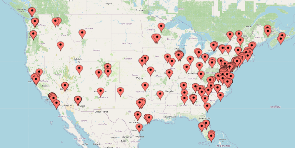 U.S. map displaying location pins in various states.
