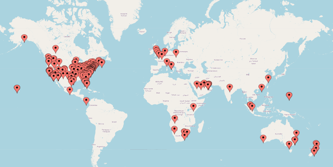 World map displaying location pins spread out throughout different continents.